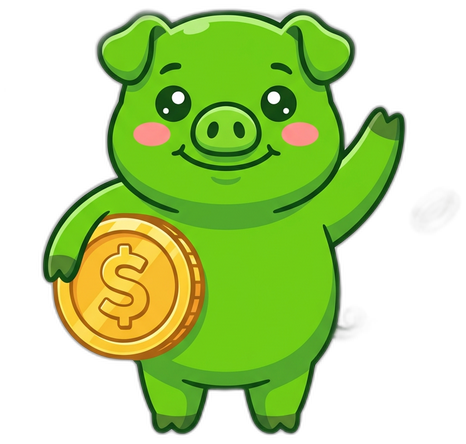 Tuni the pig mascot waving with coins